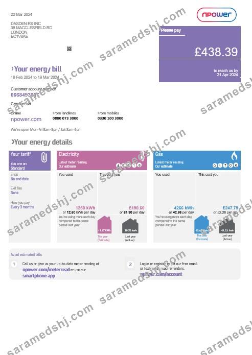 United Kingdom Npower business utility bill template in Word and PDF formats